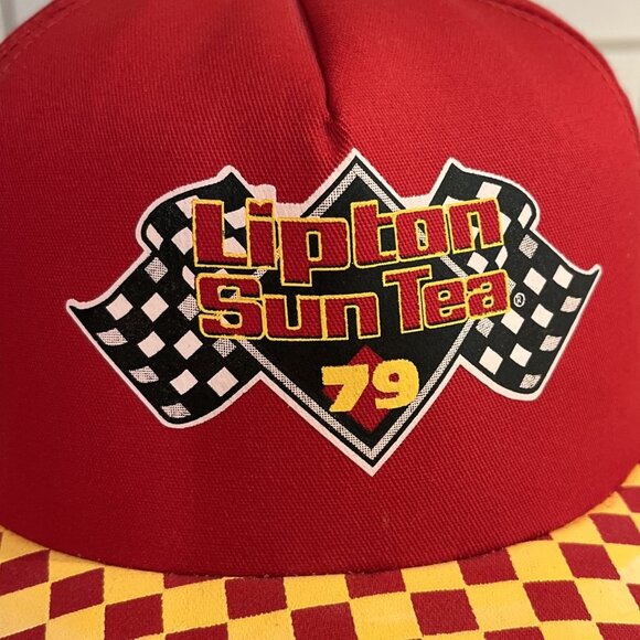 VTG Lipton Sun Tea 79 Racing Snapback Hat Red Yellow Logo Checkerboard Bill USA - Picture 2 of 10